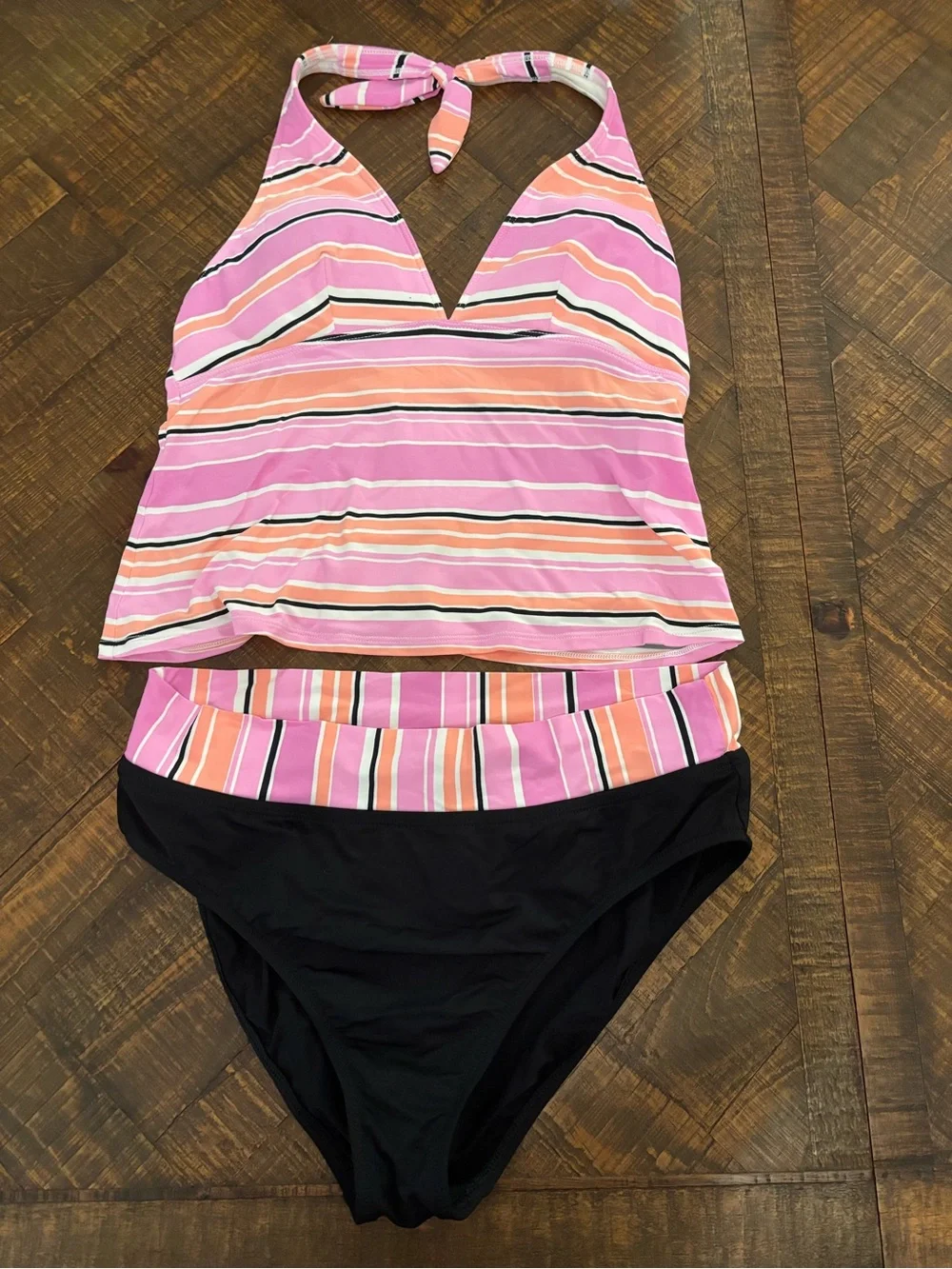 Pink & Peach Striped Tankini Swim Set